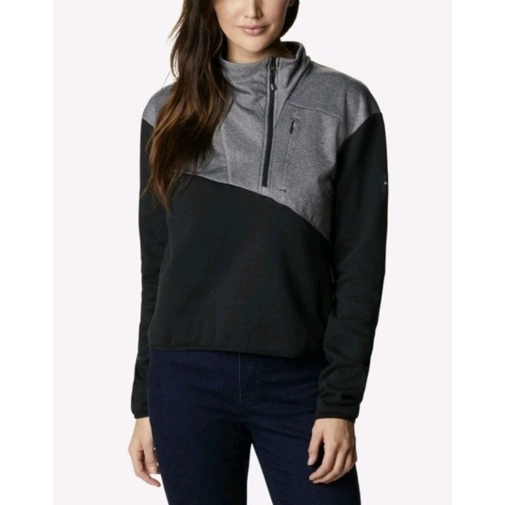Columbia Women's Lodge Hybrid‎ Pullover Black Gray Sz L 1/4 Zip Crop Sweatshirt